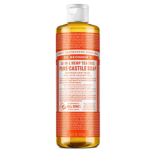Dr. Bronner’s - Pure-Castile Liquid Soap (Tea Tree, 16 ounce) - Made with Organic Oils, 18-in-1 Uses: Acne-Prone Skin, Dandruff, Laundry, Pets and Dishes, Concentrated, Vegan, Non-GMO